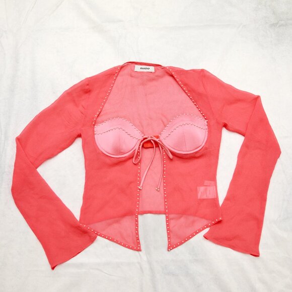 Danielle Guizio Long Sleeve Pearl Trim Top In Punch Silk Size XS - Picture 4 of 14